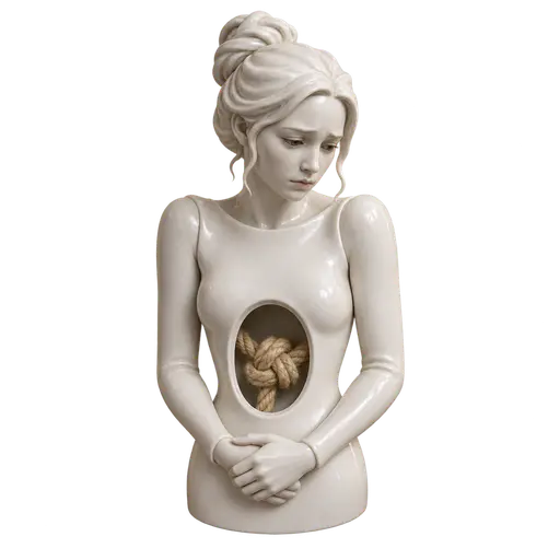 A knot in your stomach: a ceramic performer with clasped hands and a tense posture, an oval window in the abdomen revealing one thick rope tied in a tight knot inside, isolated on transparency.