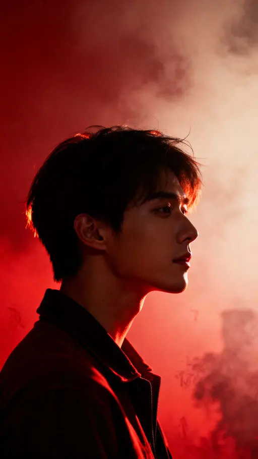 A backlit silhouette of a person framed tall in a 9:16 crop, with a warm red haze and rim-lit hair while the jawline and cheek catch the only clear highlights of the face.