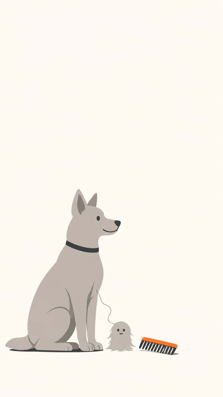 Flat vector editorial illustration for a Halloween pet-grooming promotion graphic: a relaxed light grey dog sits in profile while a small tuft of its shed fur stands beside its paws shaped like a tiny smiling ghost, a charcoal and orange grooming comb resting nearby, and the upper third and right edge stay a plain empty field ready for typeset copy.