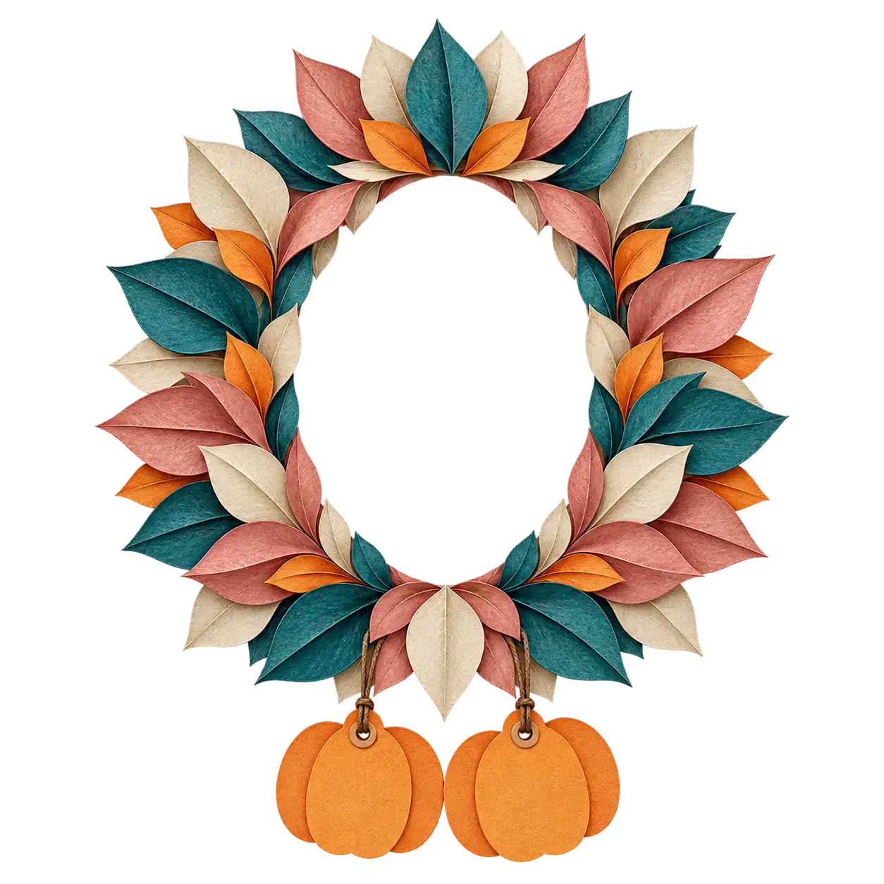 A broad oval medallion frame of folded paper leaves drawn in layered colored pencil, in velvet teal, cream, dusty rose and pumpkin orange, with two small blank unlettered pumpkin-shaped paper tags hanging on short strings at the bottom. The oval center and the area outside the ring are truly transparent, so a Halloween pet photo shows through the aperture when used as a photo frame overlay.