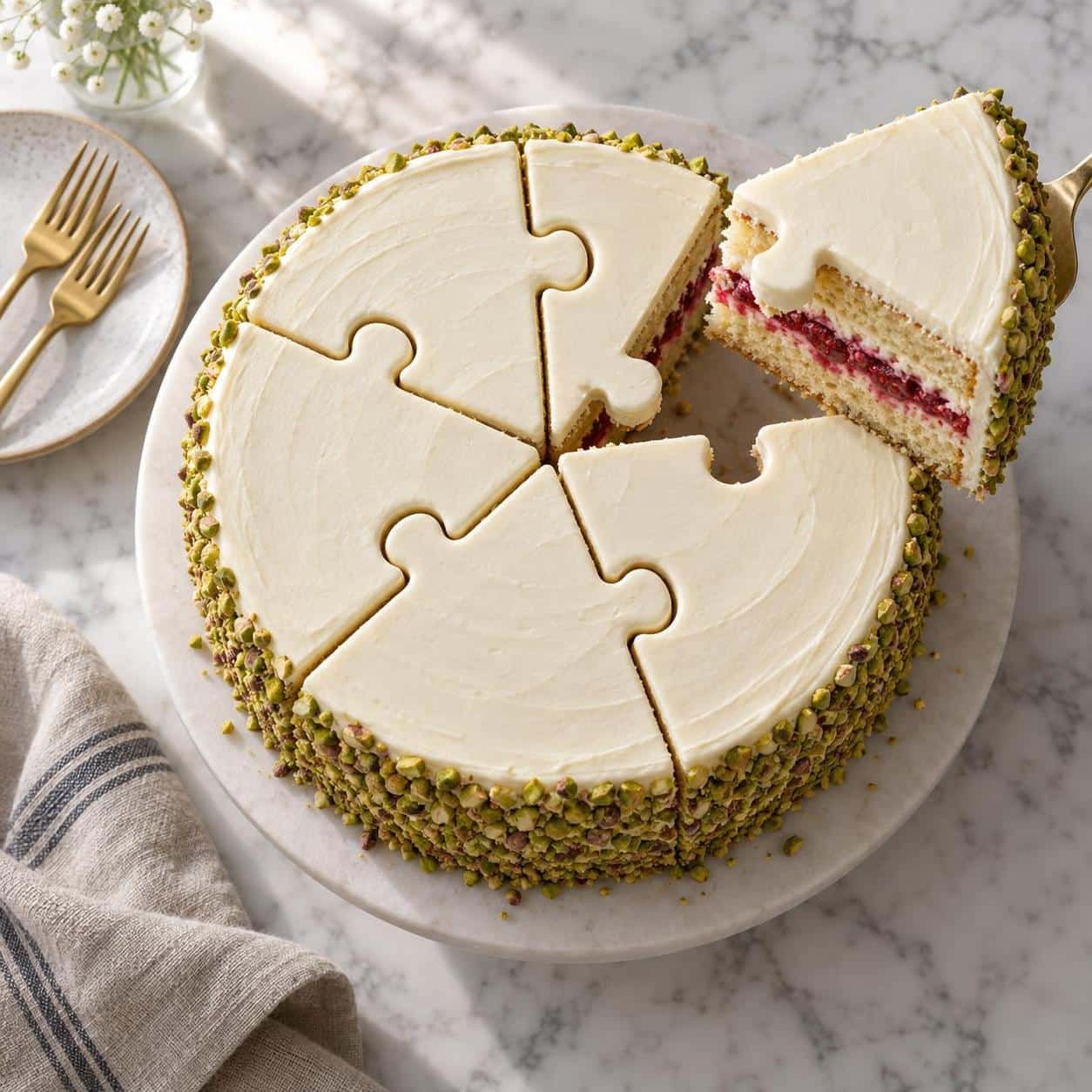 Piece of cake: A top-down view of a golden fried cake pre-cut into jigsaw-puzzle-piece slices with matching tab-and-socket edges, one piece lifted showing sponge and raspberry filling layers, on a white marble surface with a linen cloth and gold forks.