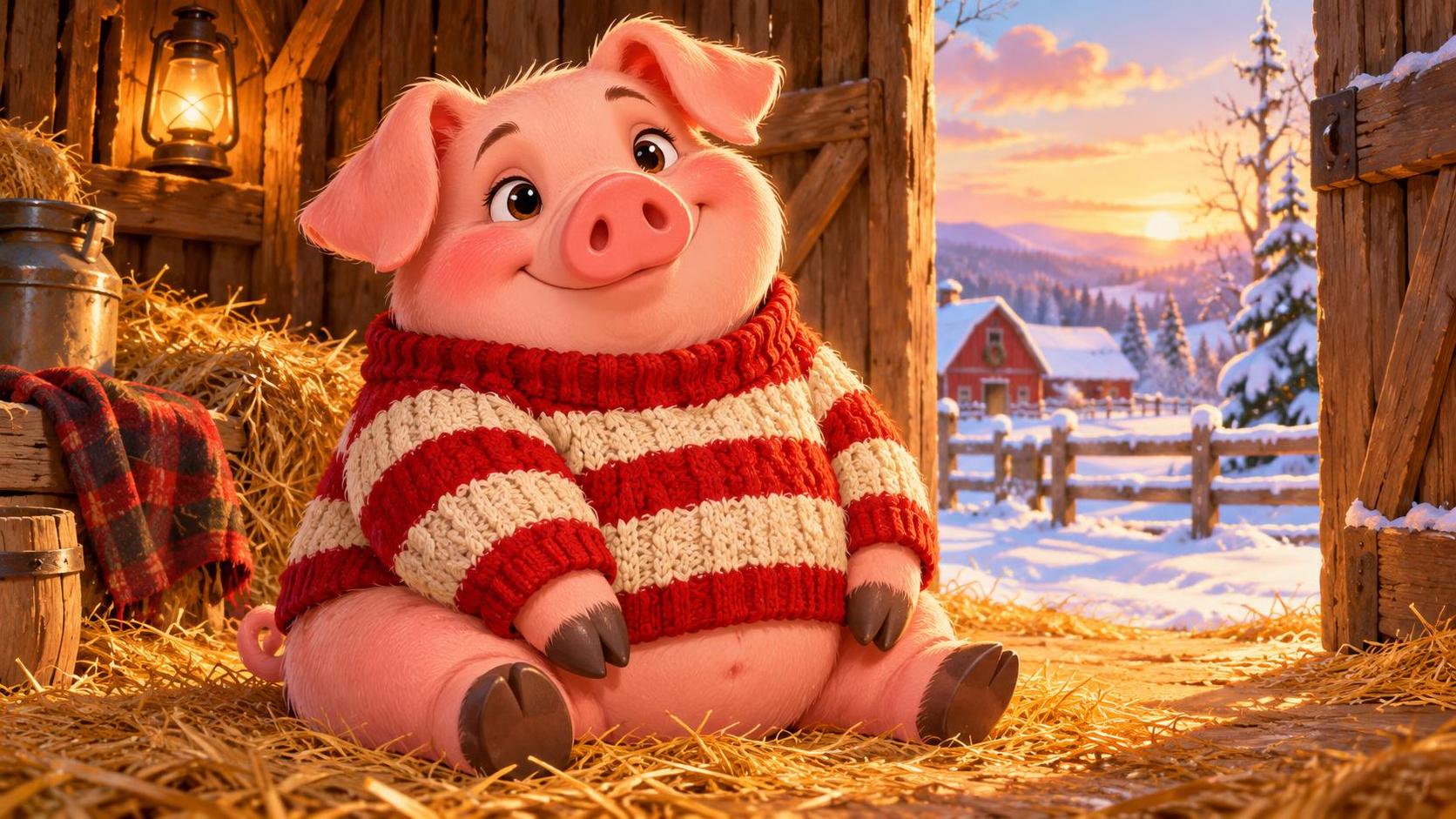 A plump pink pig wearing a chunky knitted sweater in red and cream stripes sits in a cosy barn doorway with soft winter light.