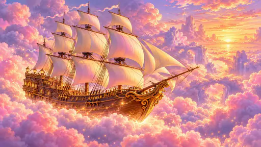 A wooden pirate ship with billowing sails floats through towering pink and lavender clouds at sunset with golden light on its hull and rigging.