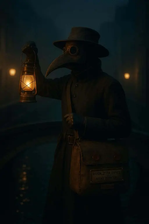A plague-doctor courier pauses on a misted canal footbridge at night, lantern lifted, leather beak mask and wax-sealed satchel catching warm lamplight amid blue fog and quiet ripples.
