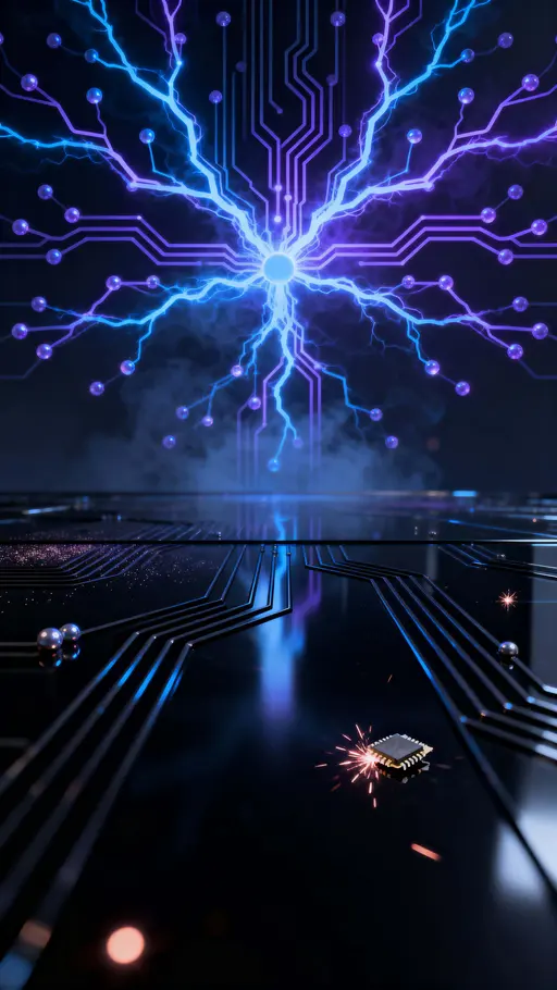 A vertical 9:16 composition of a plasma fractal web forming a glowing circuit pattern across polished black glass, with neon blues and purples radiating a subtle haze and high-contrast reflections.