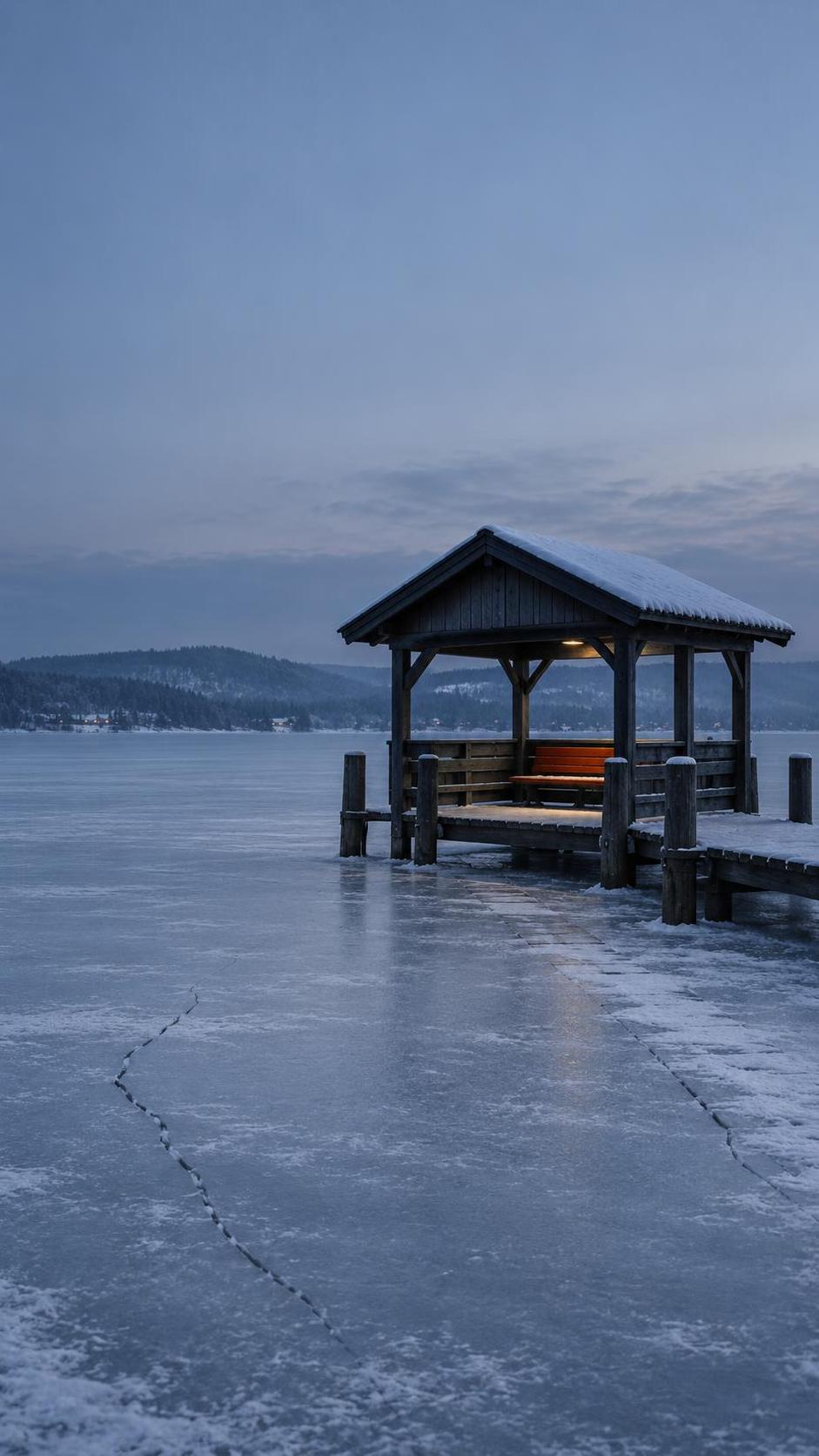 A timber ferry shelter with a warm orange bench stands on a frozen lake under a pale blue dusk sky, two cracks crossing the ice.