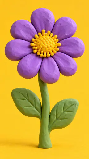 A single large purple flower with a yellow centre modelled in plump pillowy clay with fingertip dents stands on a stem with two rounded leaves on a golden yellow clay ground.