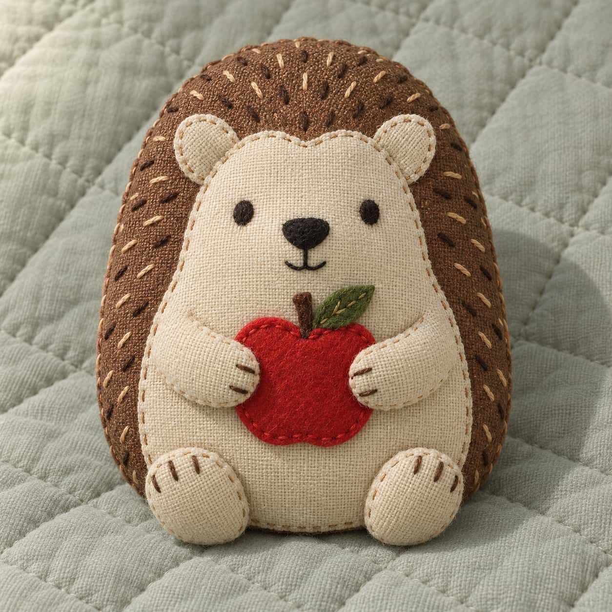 A flat-gusset plush hedgehog with a brown stitched-spine back, cream face and belly, black stitched nose, holding a felt red apple on a grey-green quilted blanket.