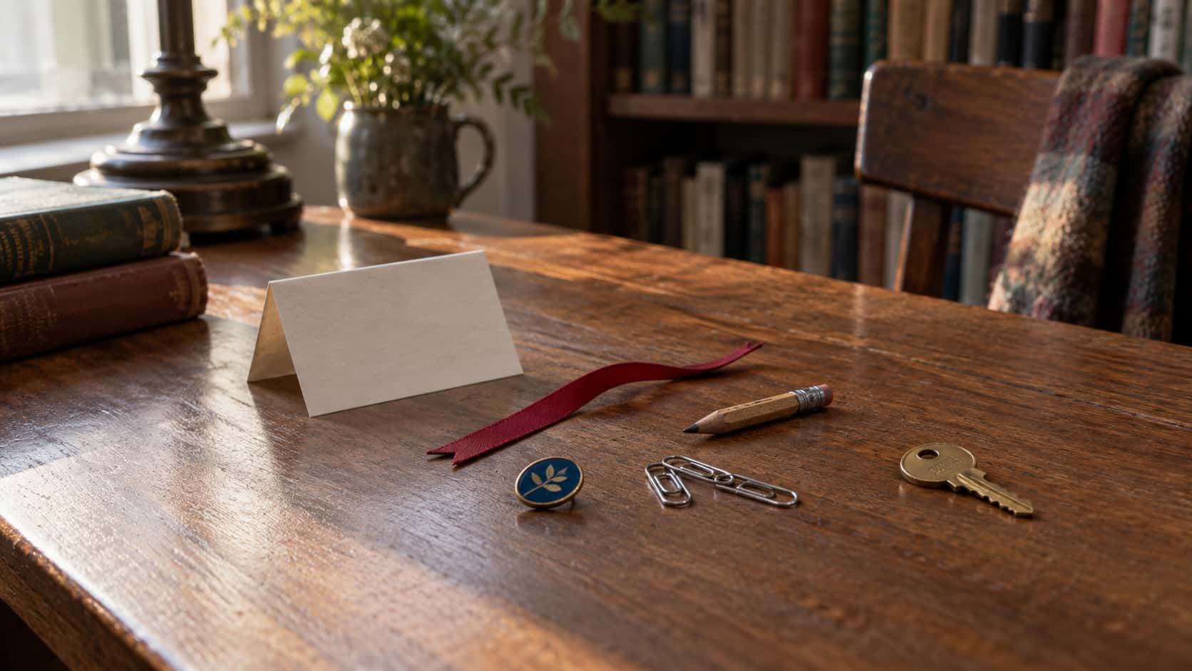 A blank folded paper note, a short red ribbon bookmark, a pencil stub, a chain of three paperclips, a small blue enamel pin and a single brass door key lie loosely on a library reading table in soft window light.