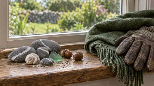 A small heap of grey striped pebbles, a pale spiral shell, a piece of green sea glass and two acorns lies tipped out on a wooden windowsill beside a green scarf and worn gloves in soft morning window light.