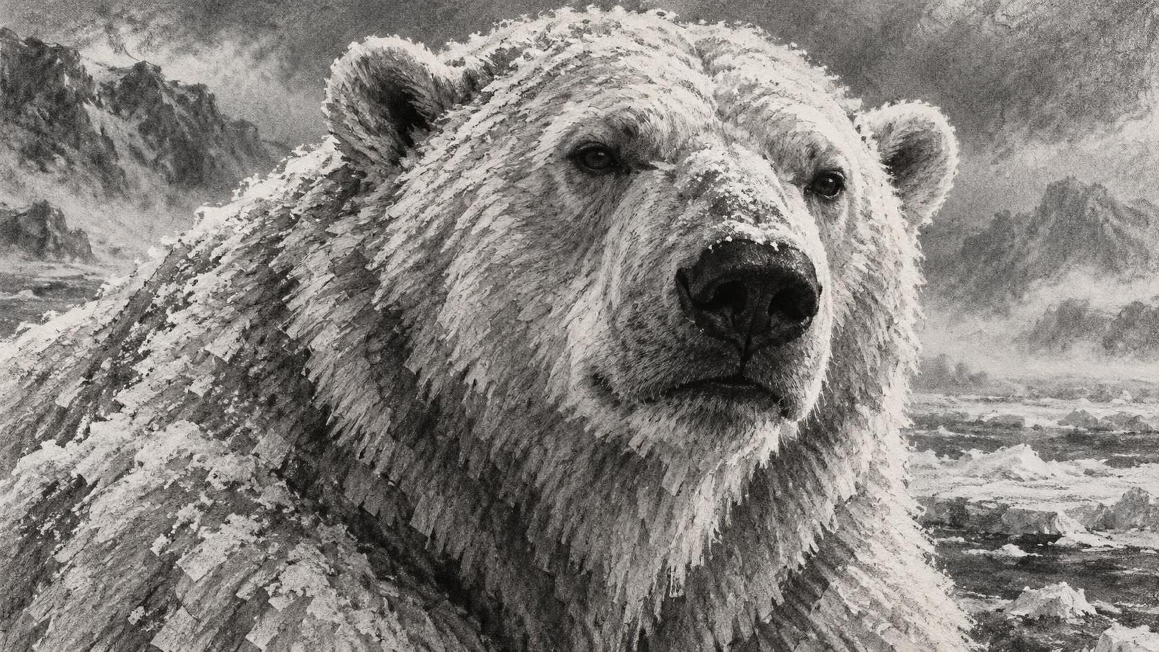 A polar bear in a close up portrait with thick cream white fur dusted with frost, a dark nose and calm dark eyes against an icy blue arctic haze.