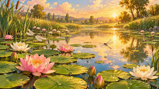 A still pond covered with green lily pads and pink and white water lilies in bloom has dragonflies above the water and soft reflections of the sky and reeds.