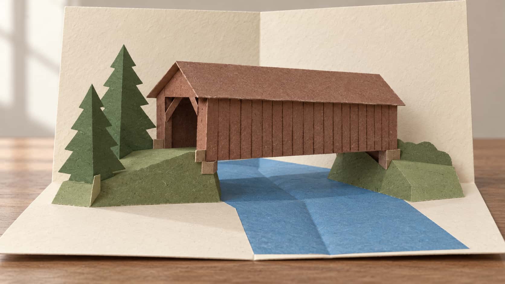 An open pop-up card on cream card, a folded brown paper covered bridge with visible hinges and tabs over a folded blue stream, two paper pines and a green bank.