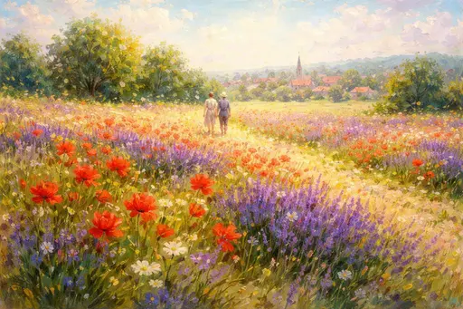 Impressionist oil painting in 3:2 horizontal format of a wide wild-poppy and lavender field bathed in dappled afternoon sun with two figures walking toward a soft-focus village.