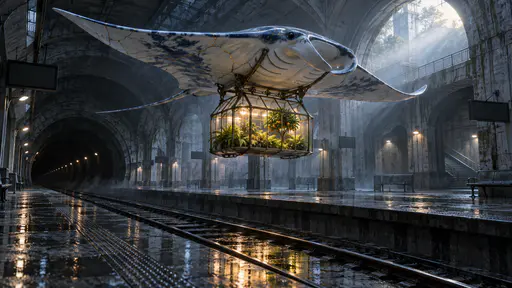 A huge blue-white porcelain manta ray floats over empty subway tracks with a glowing glass greenhouse attached beneath its body.