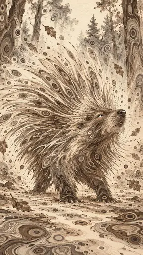 A wild porcupine shakes itself on a forest trail with long quills fanning out in a bristling halo and dust and leaves flying in soft woodland light.