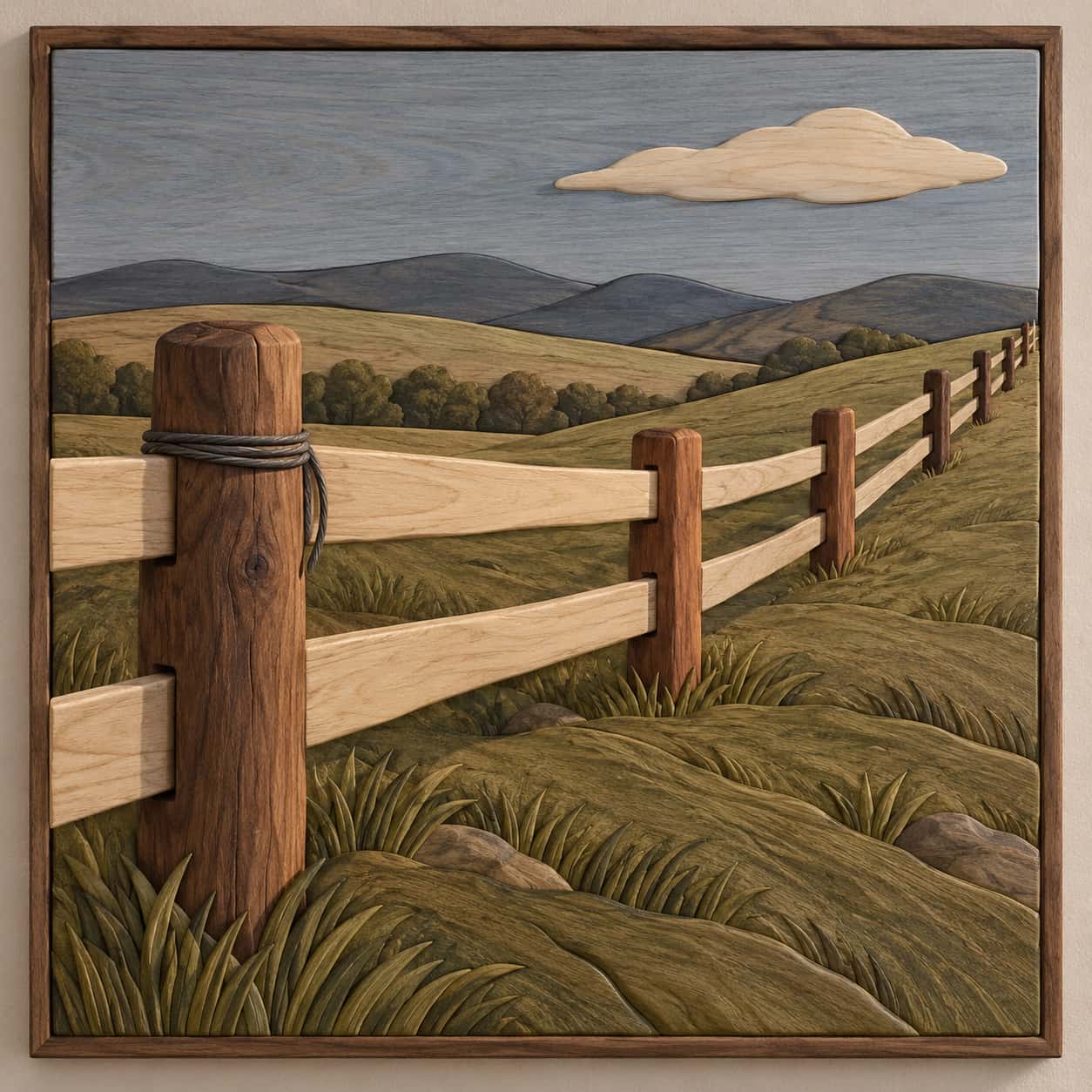 A long post and rail ranch fence runs diagonally across a grassy slope with a coil of wire at the near post under a blue grey sky in fitted wood pieces.