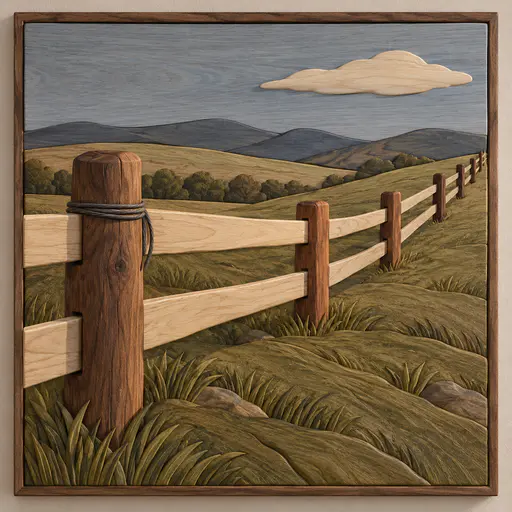 A long post and rail ranch fence runs diagonally across a grassy slope with a coil of wire at the near post under a blue grey sky in fitted wood pieces.