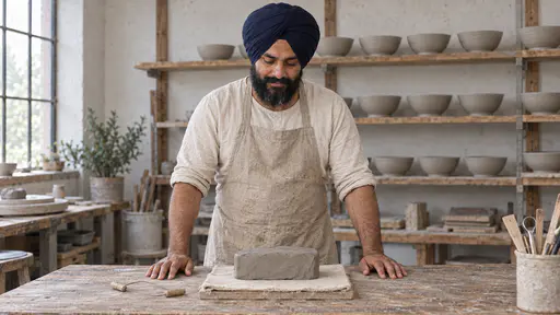 A sturdy bearded man in a plain navy turban and oatmeal linen apron stands at a wooden bench with his hands resting flat either side of a block of grey clay on a canvas board, a wire cutter beside it and plain bowls on shelves behind in a bright pottery workshop.