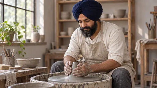 A sturdy bearded man in a plain navy turban and oatmeal linen apron sits at a pottery wheel with both hands cupped round a small cone of grey clay centred on the wheel head, his elbows on his thighs, in soft workshop window light.