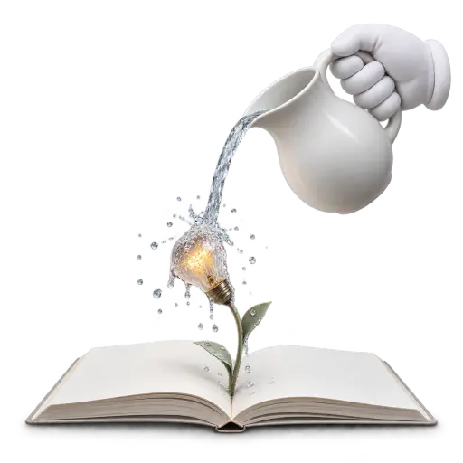 Pouring cold water on an idea: a classic white cartoon glove tilts a plain jug, pouring a cold stream that bends the paper stem and dims a glowing light-bulb flower growing from an open blank notebook, the metaphor for discouraging enthusiasm before an idea develops.