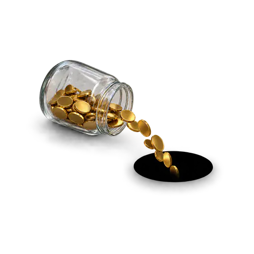 A plain glass jar tipped on its side pours a stream of smooth gold coins into a perfectly black disc; the coins sink and vanish at the rim with nothing accumulating, picturing 'pouring money into a black hole', resources disappearing without visible result.
