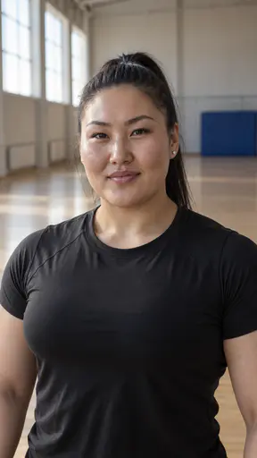 A powerfully built woman in her late twenties with a high black ponytail and small silver earrings, in a plain black athletic top in a sunlit empty sports hall with a folded blue gym mat against the wall.