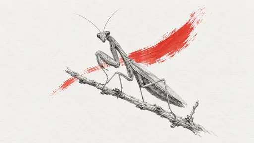 A praying mantis rests on a bare twig with folded raptorial forelegs in a graphite pencil study on textured white paper with a single vermilion red brushstroke behind it.