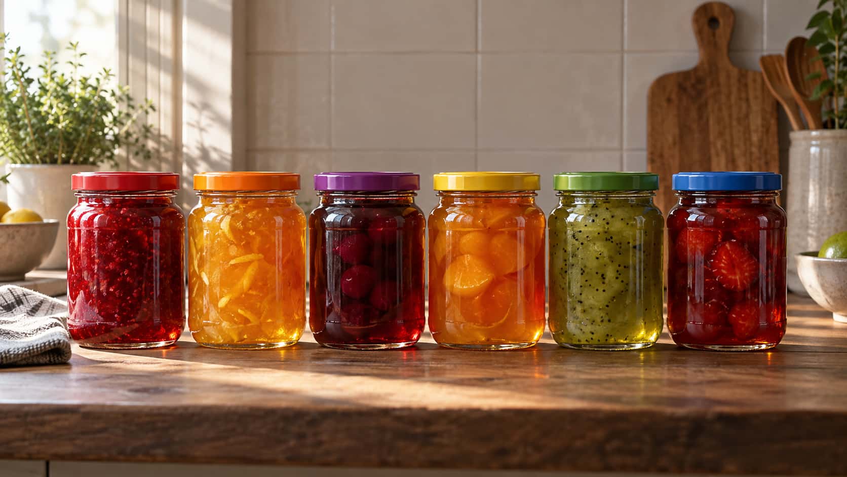 On a scrubbed wooden kitchen bench a neat row of six filled preserve jars with blank lids each with a different plain colour band stands in raking backlight so the glass glows red, amber and green.