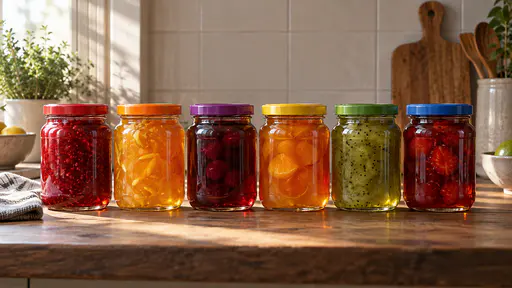 On a scrubbed wooden kitchen bench a neat row of six filled preserve jars with blank lids each with a different plain colour band stands in raking backlight so the glass glows red, amber and green.