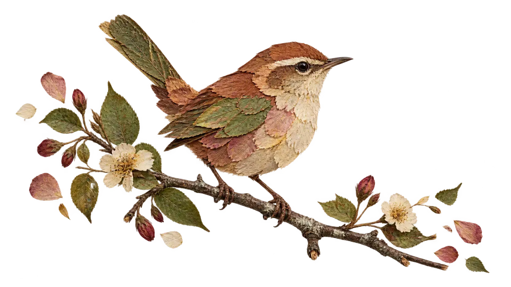 A pressed-flower collage slice of a small wren perched on a real pressed twig, built from rust and ochre petals, its edge scattering loose petals on transparency.