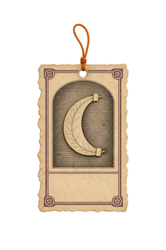 Original Halloween ephemera clipart in engraved vintage style: a vertical parchment specimen ticket with a muted plum engraved border holding a tiny pressed-paper crescent moon under two paper tabs, blank caption strip and pumpkin-orange string loop, isolated on a transparent background for gothic Halloween journal and craft graphics.