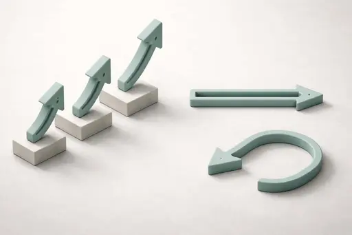 Minimal 3D scene of stylized process flow arrows rendered as a clean poster-cover illustration, with calm lighting, simple materials, and a 3:2 framing guide.