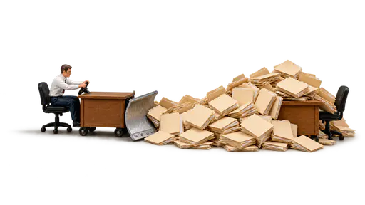A miniature office worker drives a small desk-shaped snowplow that shoves a growing mound of blank manila folders down a corridor, leaving the floor behind clean while the next desk ahead is nearly buried by the advancing pile. Procrastination pushes work into tomorrow: delaying tasks creates a larger burden ahead.