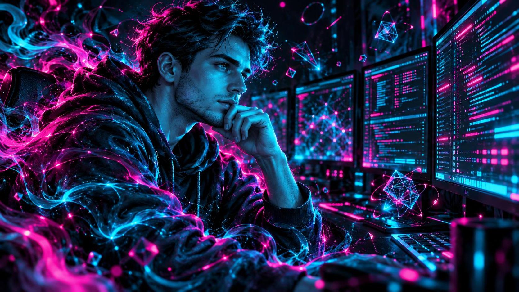 A thoughtful adult programmer with short dark hair and a hoodie stares at several glowing monitors full of code encircled by floating numbers and symbols in a dim room.