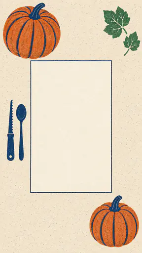 Risograph-style poster background for a pumpkin-carving workshop flyer, seen straight from above: two whole burnt-orange pumpkins with navy ribs, a small navy carving saw and a plain spoon rest around the outer edge of a warm cream tabletop while a large blank outlined paper sheet sits empty in the centre as headline space, with two leaf-green leaves tucked in one corner.