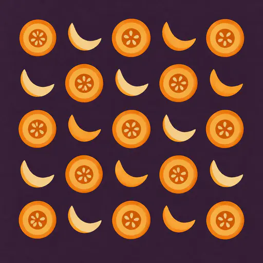 Halloween geometric pumpkin pattern concept: simplified pumpkin cross-section rings with small seed cavities alternate with open crescent slices across a deep plum ground, swapping cream and amber in a deliberate checkerboard two-color rhythm. Flat gouache-style shapes with softly irregular hand-painted edges and subtle paper grain, arranged as a repeat-layout study with every shape fully inside the frame and clear margins on every side.
