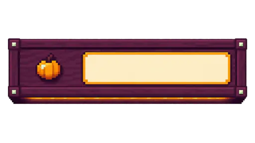 Chunky pixel-art halloween stream panel graphic: a front-on dark plum wooden drawer with pale-mint corner studs, a tiny warm-amber pumpkin handle on its left, and a wide blank cream label plate with a thin amber border across the rest of its face, isolated on a transparent background.