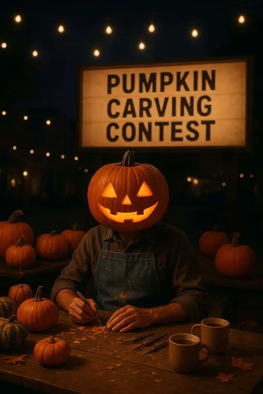 A pumpkin-headed carver sits at a town square table stacked with gourds beneath string lights, apron speckled with pulp and a glowing carved face, framed for a 2:3 crop.