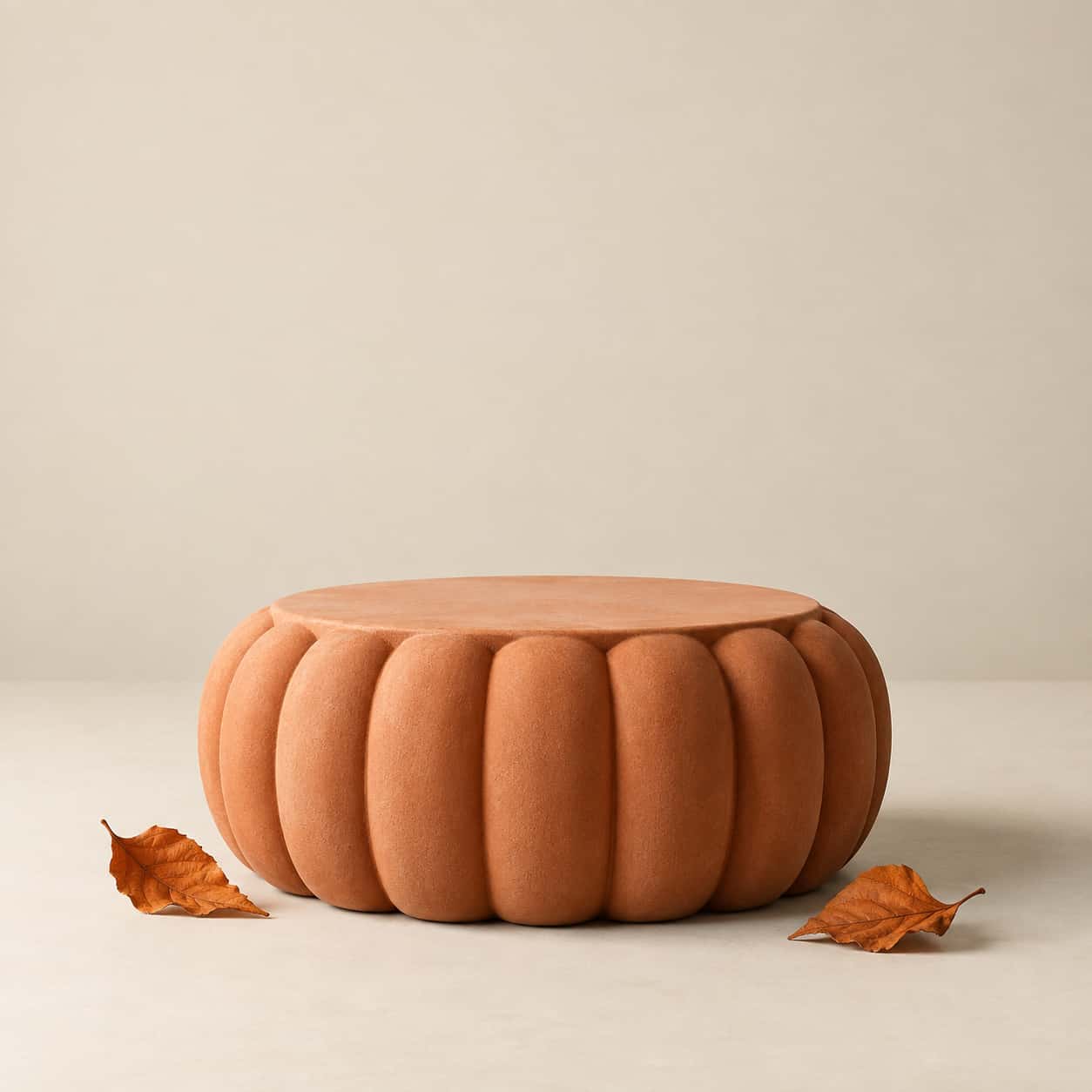 A square studio photograph of a low terracotta pedestal with vertical ribs like a faceless pumpkin, an empty round top, one small side shadow on a cream surface and clear wall space above for product and headline use.