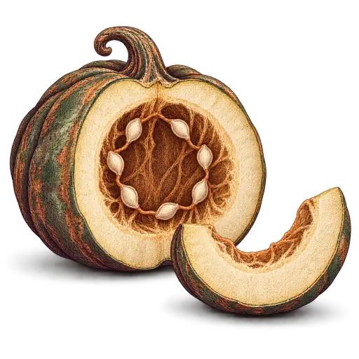 Botanical copperplate engraving of a pumpkin cut in half, its hollow holding a sparse constellation of seeds linked by curling fibers, a crescent slice lying beside it — an original elegant Halloween illustration on transparency.