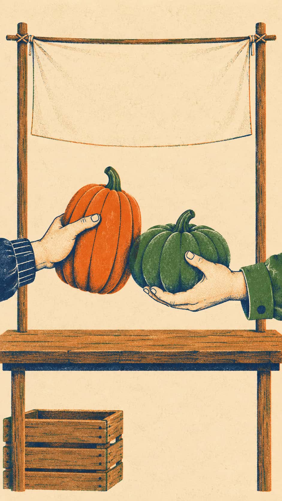 Risograph-style Halloween market poster background: two flat ink hands exchange an orange and a green pumpkin over a small wooden stall, beneath a large blank cream banner with open copy space, printed in burnt orange, navy and leaf green on cream paper.