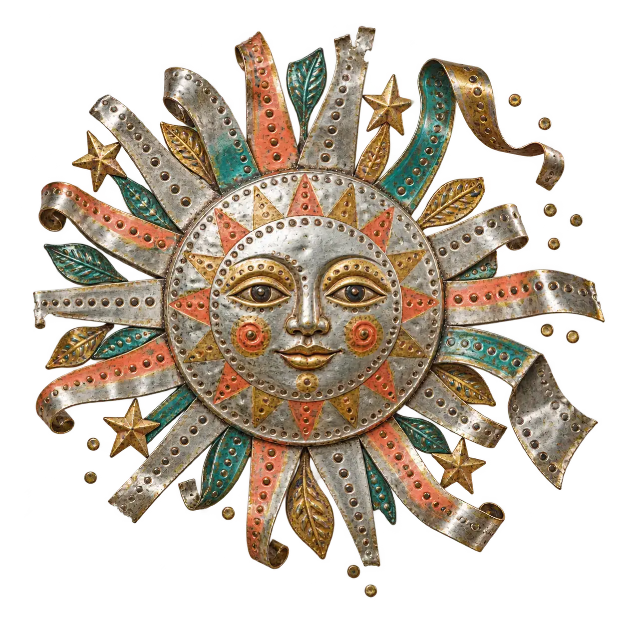 A punched-tin relief slice of a radiant sun medallion with hammered rays and painted accents, its metal edge curling loose on transparency.