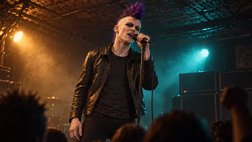 A punk singer with a tall violet mohawk, heavy eyeliner and a nose ring in a black leather jacket sings into a microphone on a stand, lit amber from the left and teal from the right, with black amplifiers, a drum kit and blurred heads of the crowd around.