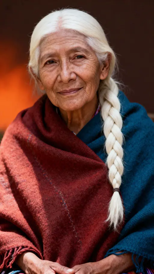 Fine art portrait of an elderly Quechua woman with albinism seated against a dark earthy brown background with an ember-orange vignette, wearing a woven shawl.
