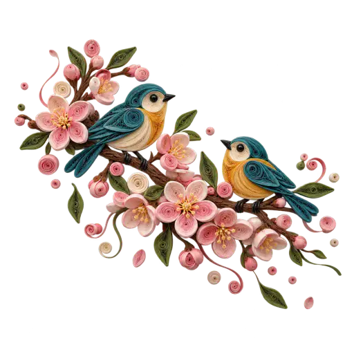 A paper-quilling slice of a cherry blossom branch with coiled petals and two small songbirds, its coiled edge loosening into loose spirals on transparency.