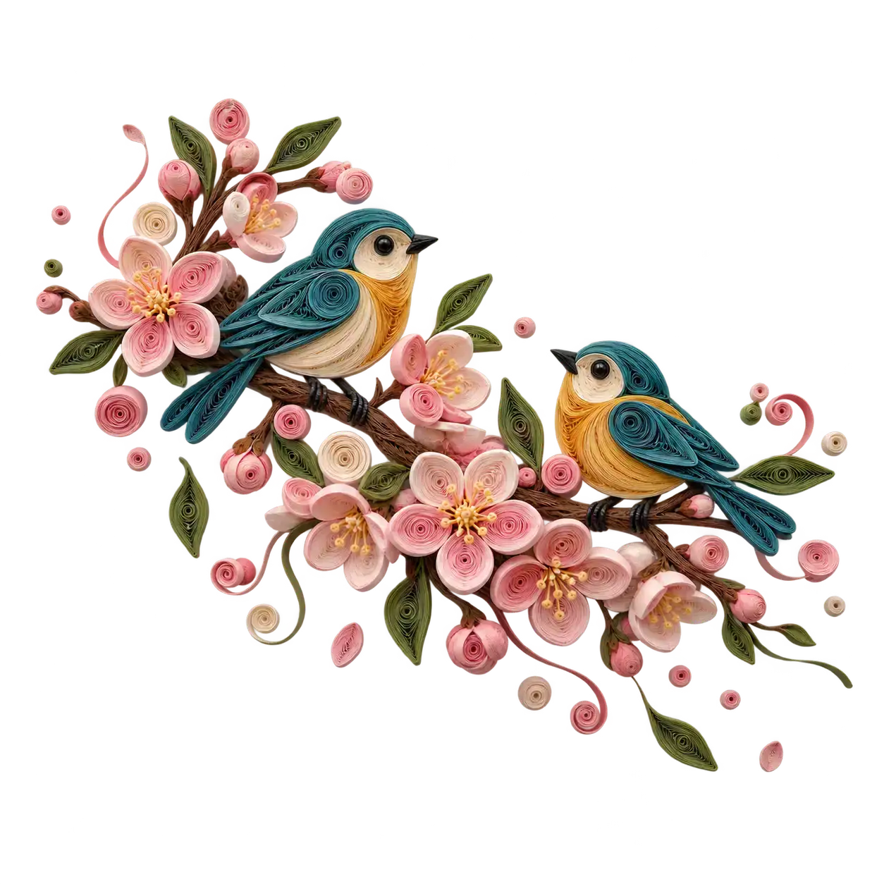 A paper-quilling slice of a cherry blossom branch with coiled petals and two small songbirds, its coiled edge loosening into loose spirals on transparency.