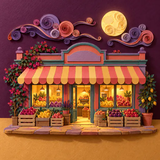 A low neighborhood market made of stacked paper cutouts and quilled spirals glows with yellow windows beneath a striped awning and a paper moon.