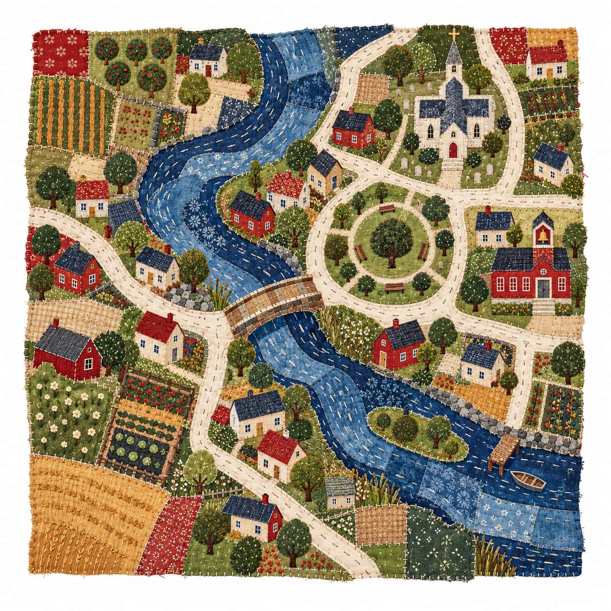 A quilted map of a river town seen from above has an appliqued blue river, stitched roads, fabric houses, a bridge, a round park and a church in faded red, indigo and moss.