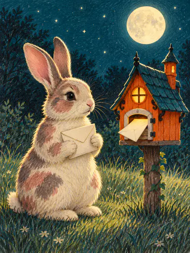 Colored-pencil illustration of a cream rabbit with dusty-rose-grey patches sitting on its haunches at midnight beside a tiny pumpkin-orange haunted-house mailbox on a wooden post, holding a blank unmarked envelope with its front paws while moonlight spills from the arched mail slot under a full moon and pale stars.